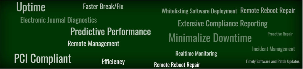 NCR service company, word cloud including service words such as efficiency, uptime, and remote reboot repair